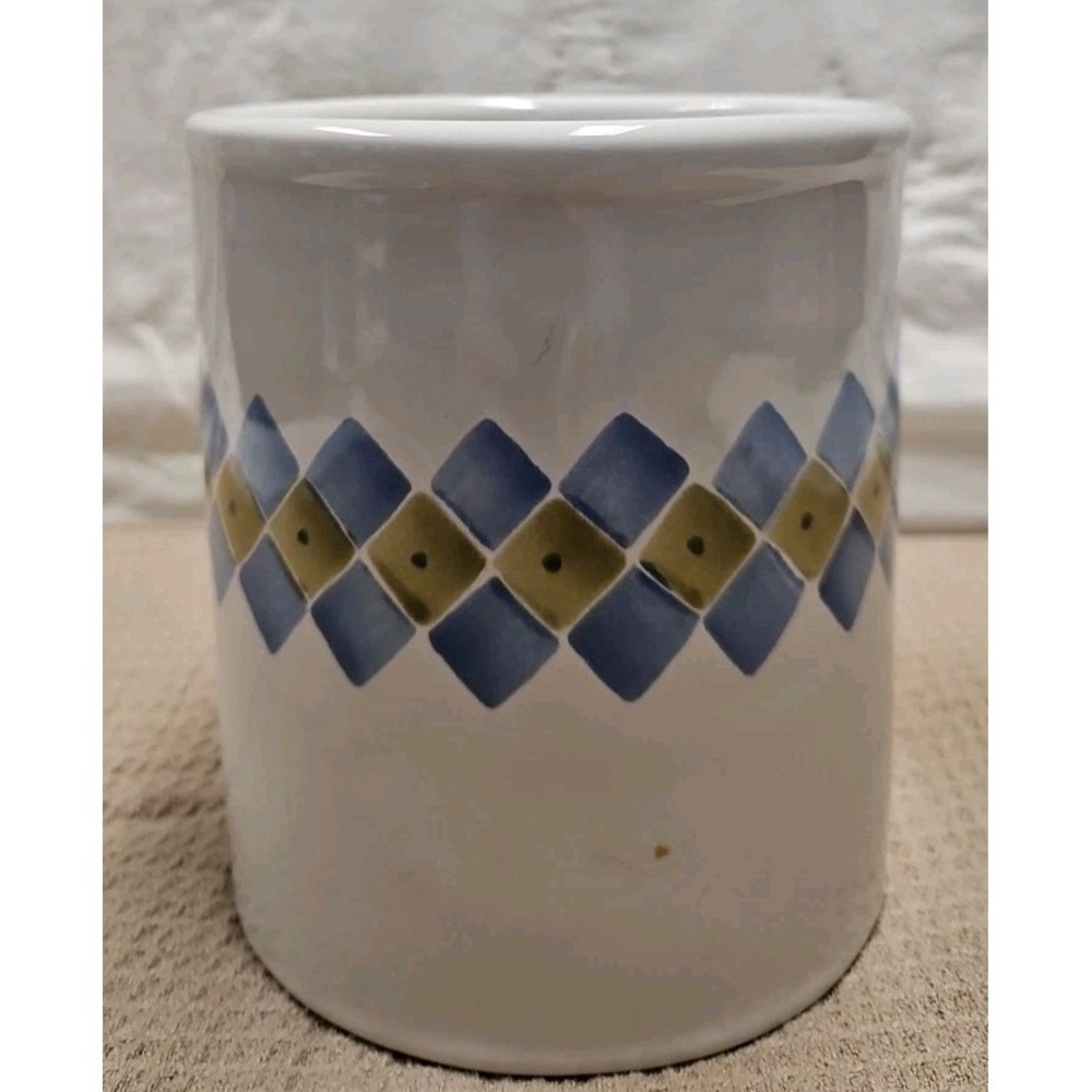Vintage Crock Utensil Holder/Wine Bottle  Blue/Green‎ Diamonds Made in Hungary